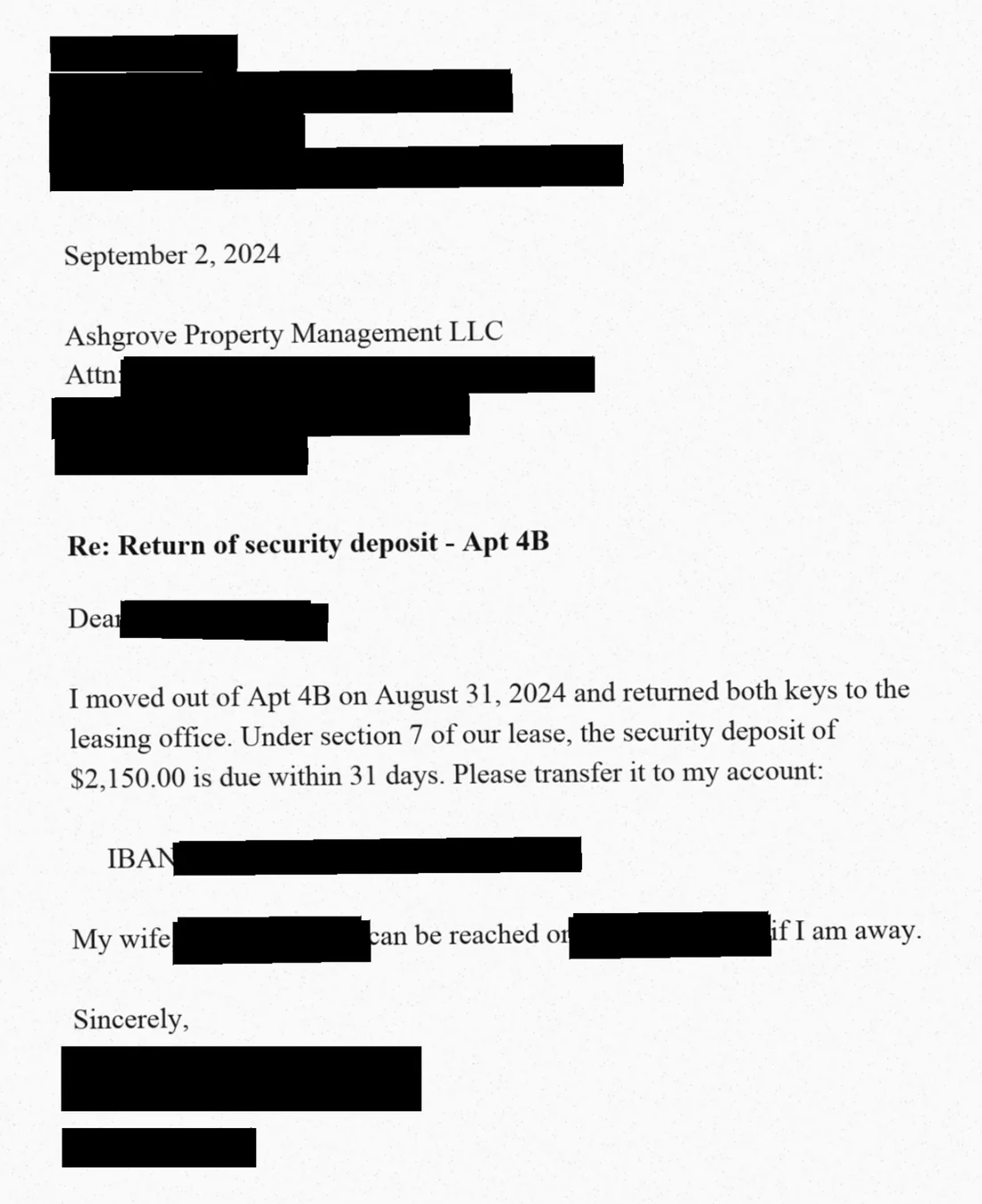 Redacted scan: solid black boxes cover the sender's details, the recipient's name and address, the IBAN, the wife's name and phone, and the signature.