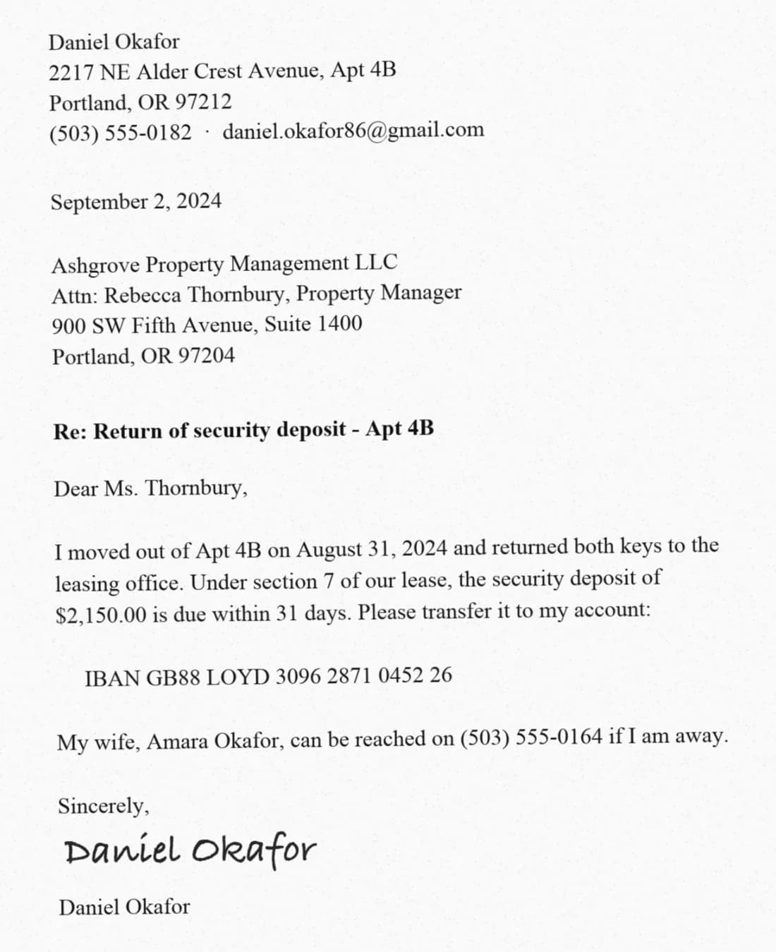 Original scanned letter with no text layer, with the sender's address, phone, email, IBAN and a handwritten signature.