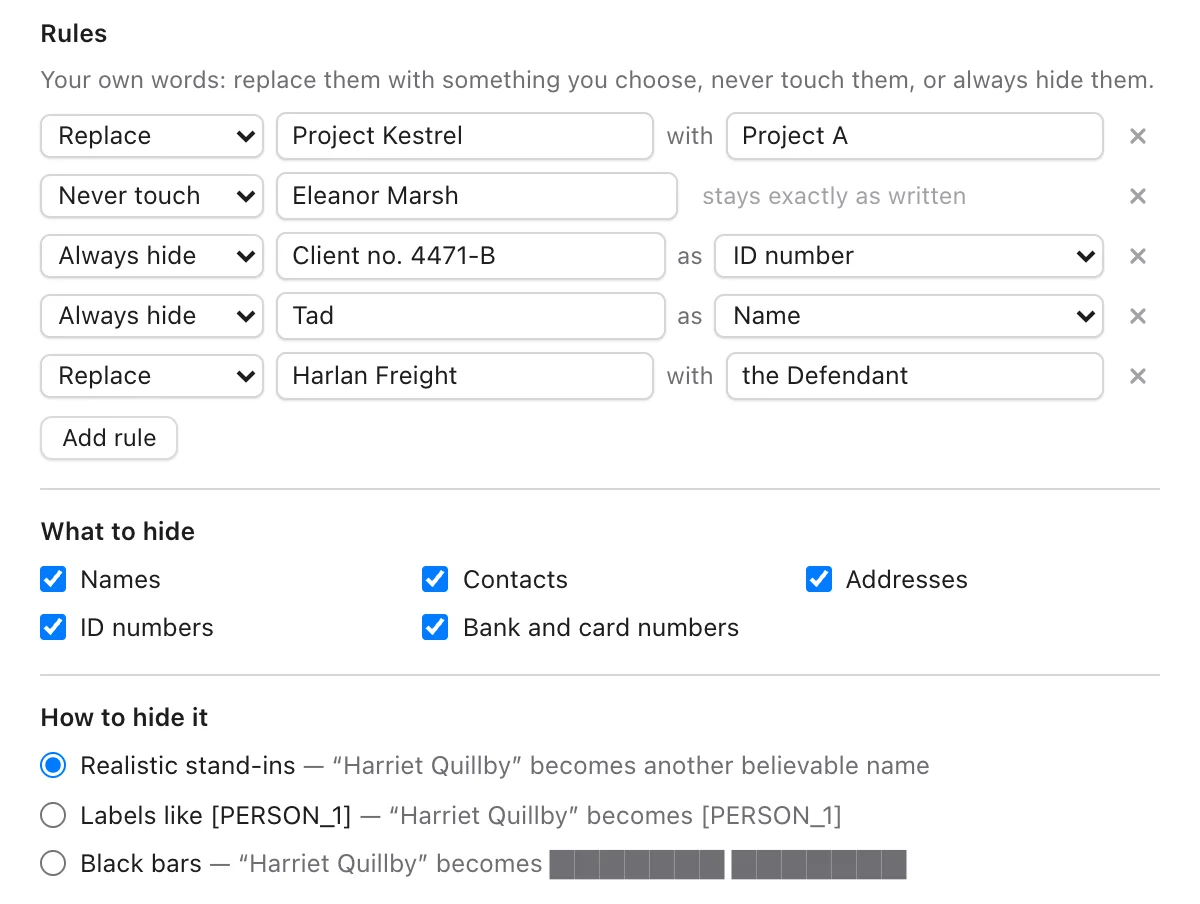 Settings, Rules: Replace Project Kestrel with Project A, Never touch Eleanor Marsh, Always hide Client no. 4471-B as an ID number, Always hide Tad as a name, Replace Harlan Freight with the Defendant. What to hide: all five categories switched on. How to hide it: Realistic stand-ins selected.